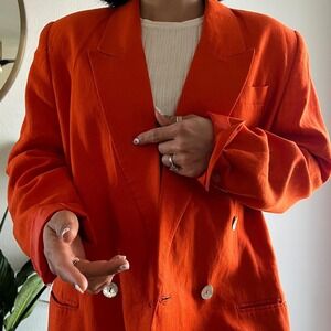 Vintage 80s Orange Linen Blazer Oversized Tailored Summer Jacket Blazer size 12